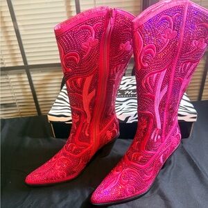 Vibrant Pink Embellished Heeled Boots